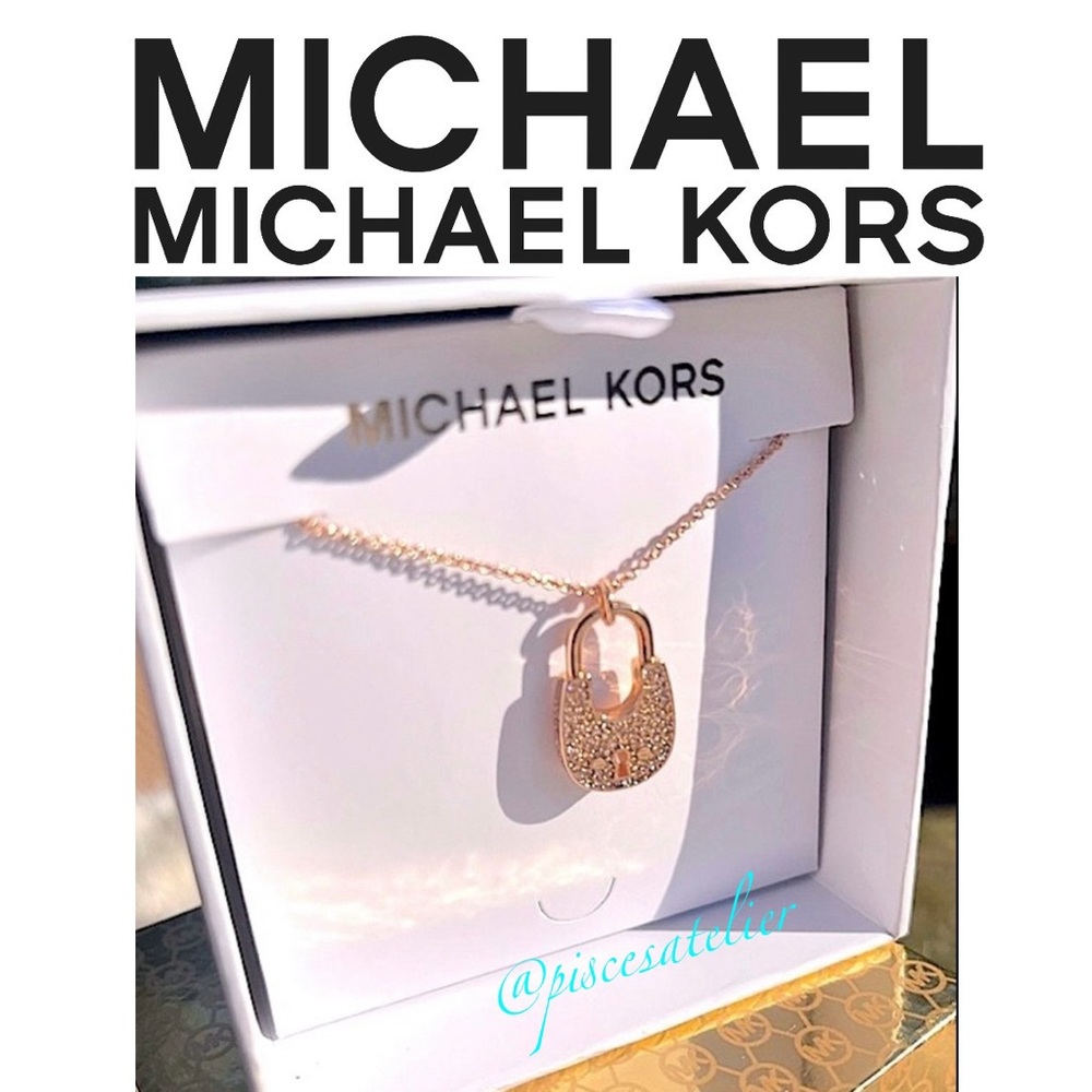 MICHAEL Michael Kors Rose Gold Crystal Padlock Lock Pendant Necklace MKJX8017791 - Picture 13 of 16
